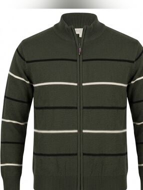 Vintage Muskoka Lakes Full Zip Olive Green Striped Men's Sweater Cardigan Size L